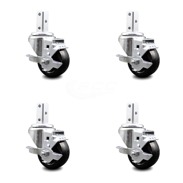 3.5 Inch Hard Rubber Wheel Swivel 7/8 Inch Square Stem Caster Set with Brake SCC